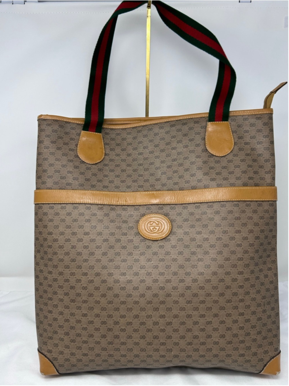 Vintage Gucci Micro GG Supreme Web Sherry Tote Brown Leather Trim